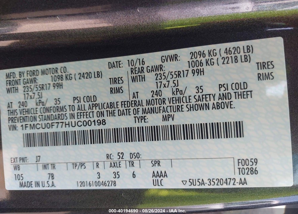 2017 FORD ESCAPE S VIN: 1FMCU0F77HUC00198