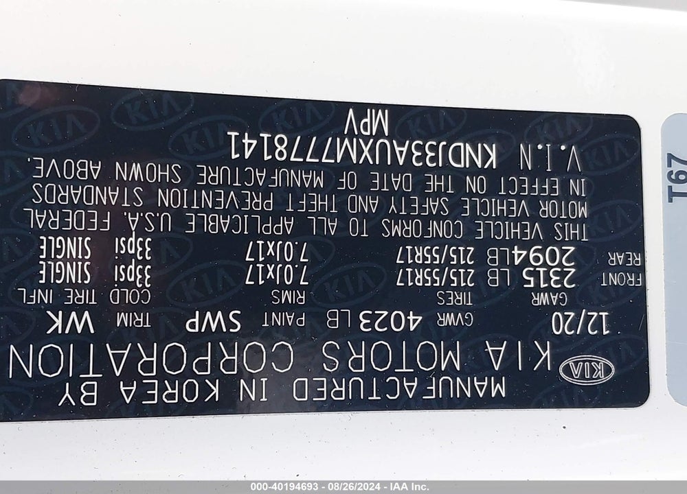 2021 KIA SOUL EX VIN: KNDJ33AUXM7778141