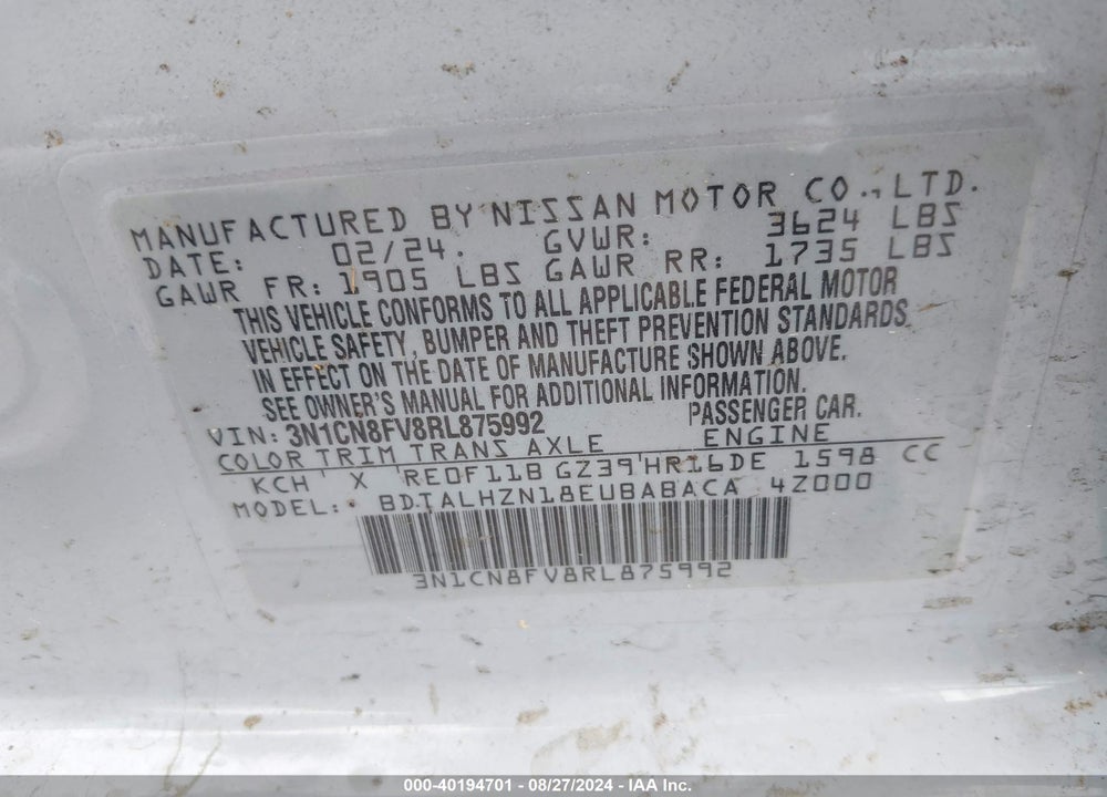 2024 NISSAN VERSA 1.6 SR VIN: 3N1CN8FV8RL875992