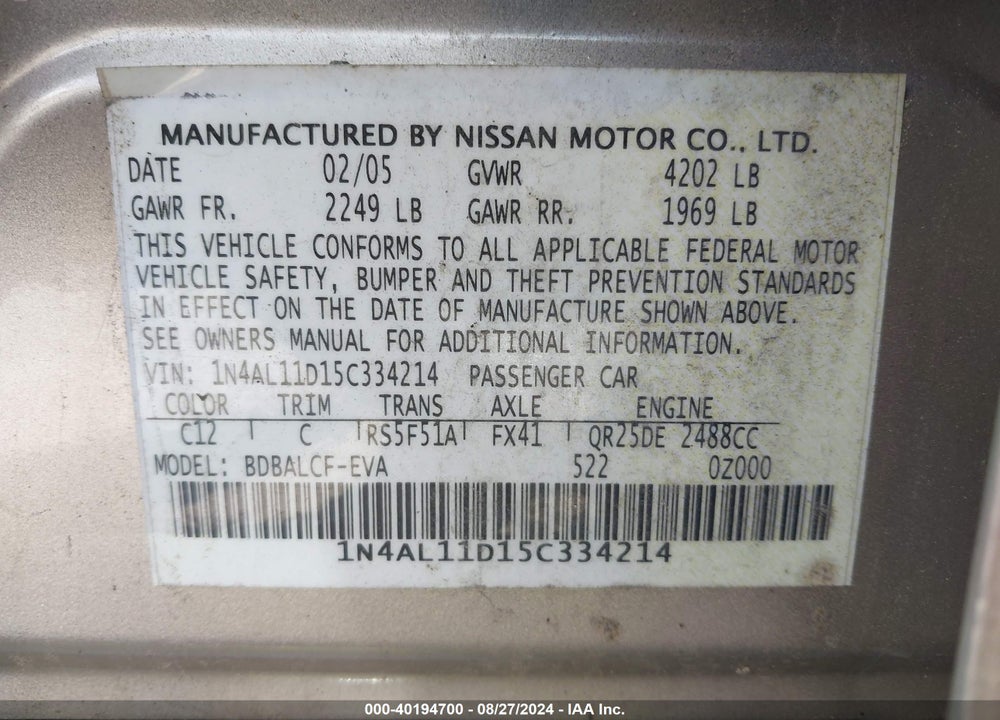 2005 NISSAN ALTIMA 2.5 S VIN: 1N4AL11D15C334214