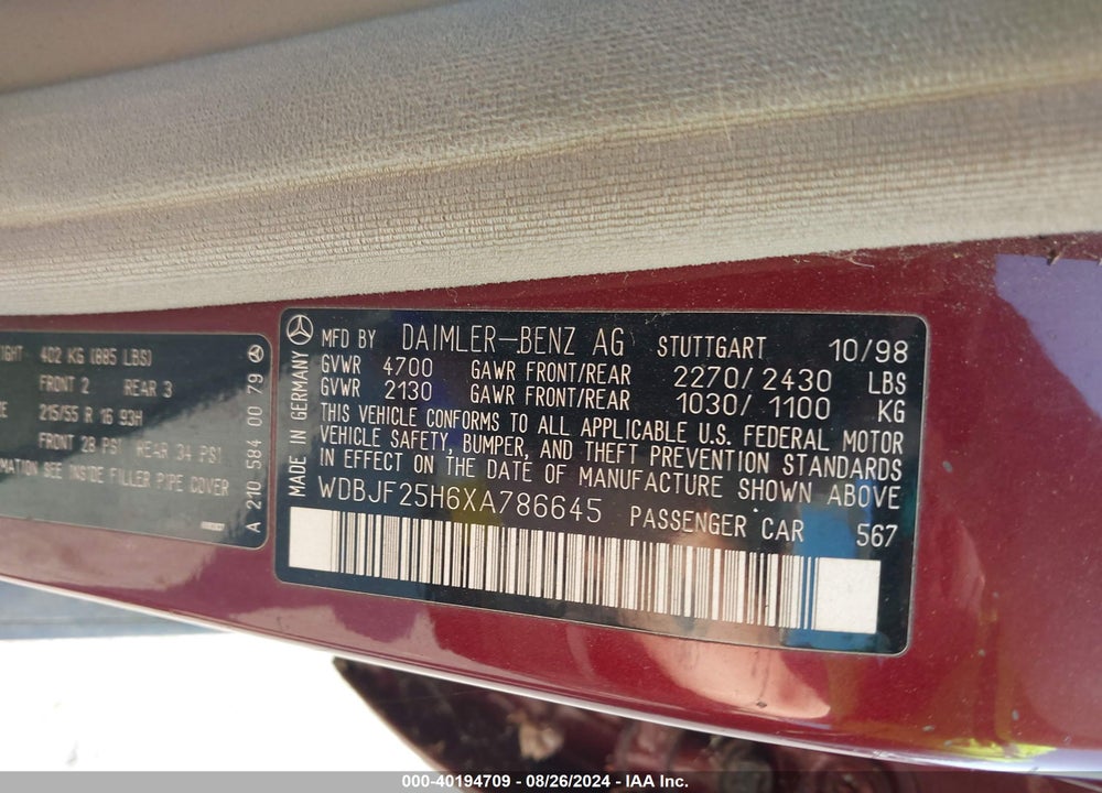 1999 MERCEDES-BENZ E 300 DIESEL VIN: WDBJF25H6XA786645