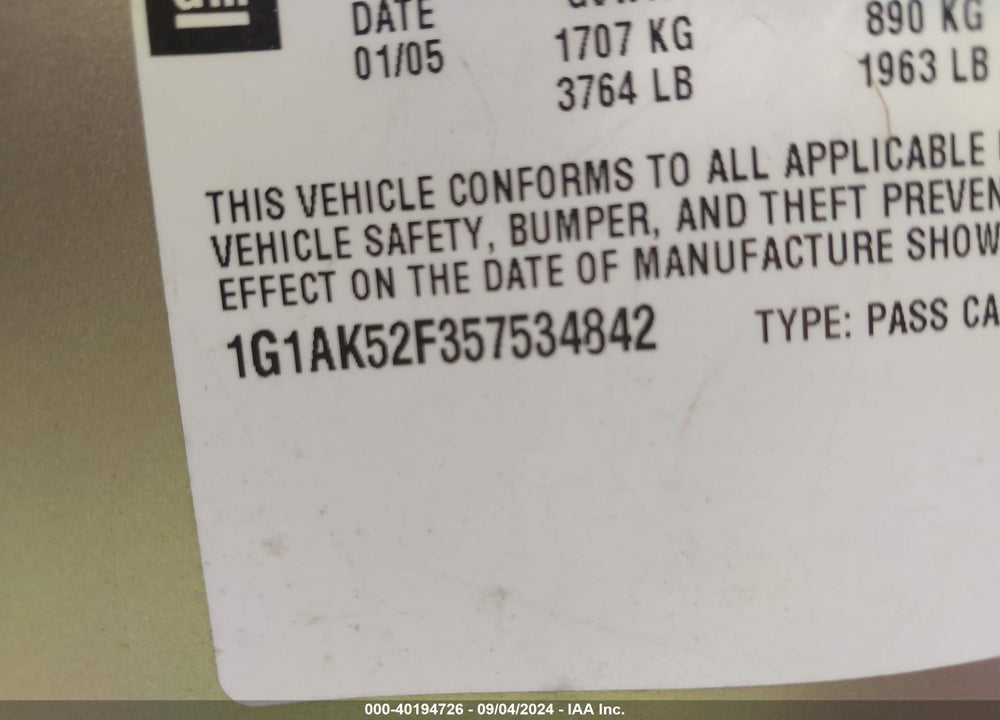 2005 CHEVROLET COBALT VIN: 1G1AK52F357534842