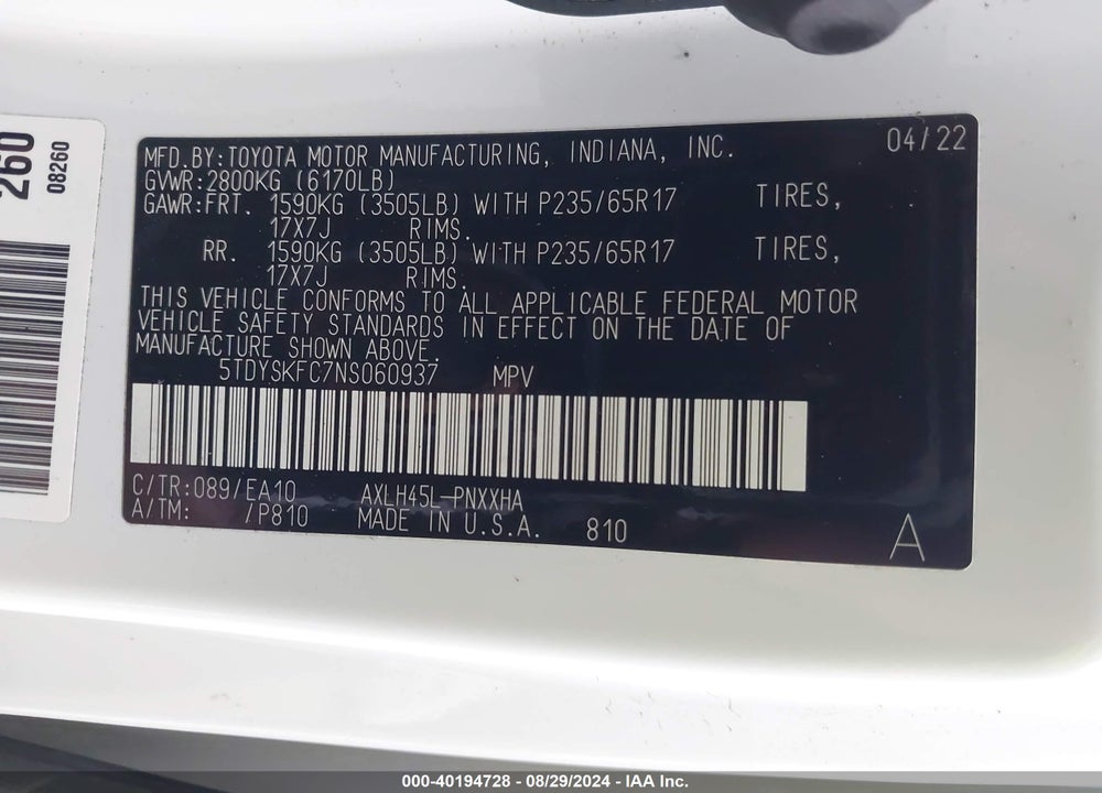 2022 TOYOTA SIENNA XLE VIN: 5TDYSKFC7NS060937