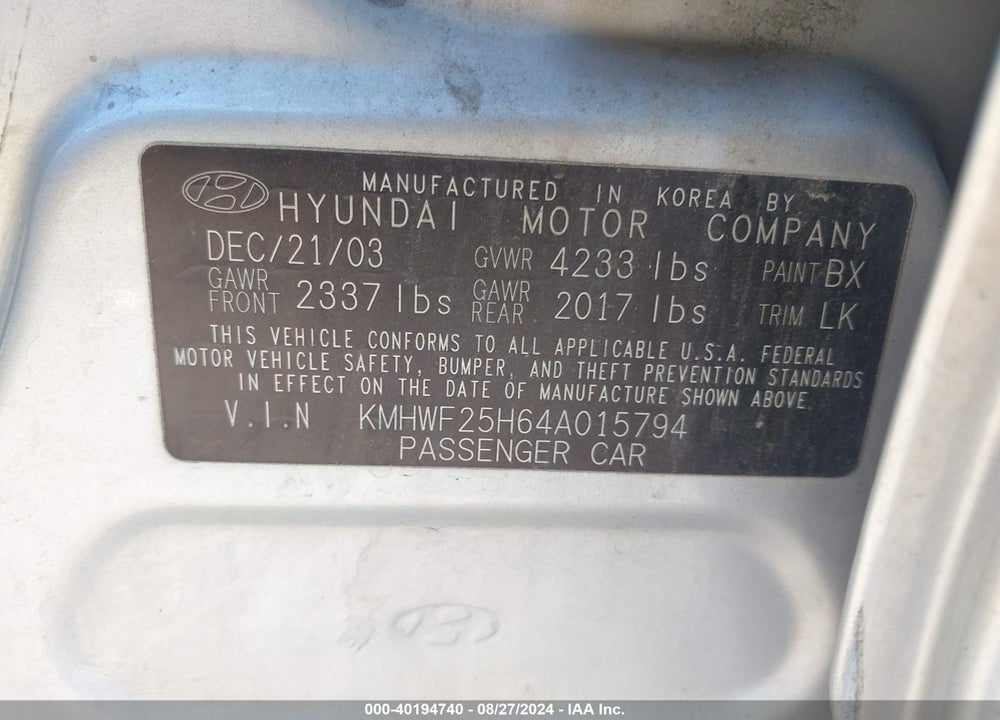 2004 HYUNDAI SONATA VIN: KMHWF25H64A015794