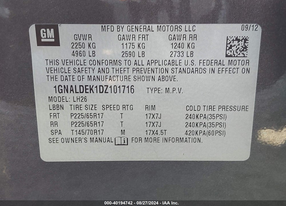 2013 CHEVROLET EQUINOX 1LT VIN: 1GNALDEK1DZ101716