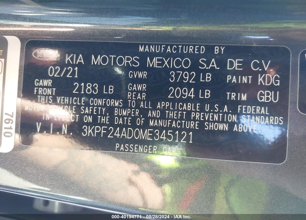 2021 KIA FORTE LXS VIN: 3KPF24AD0ME345121