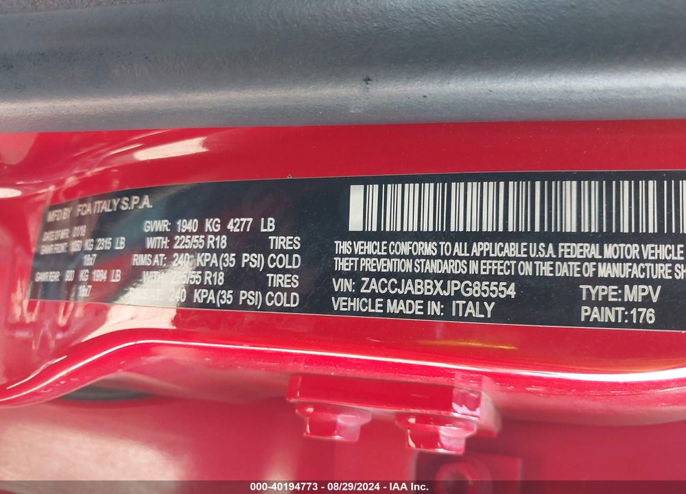 2018 JEEP RENEGADE ALTITUDE FWD VIN: ZACCJABBXJPG85554