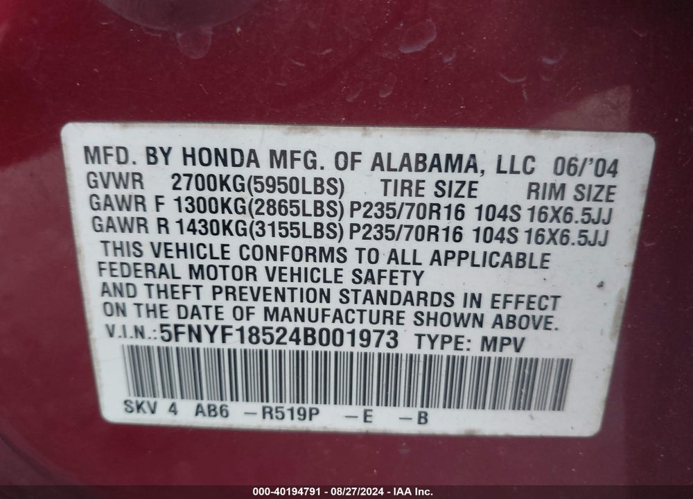 2004 HONDA PILOT EX-L VIN: 5FNYF18524B001973