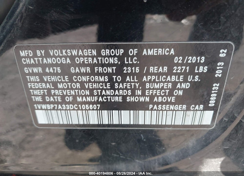 2013 VOLKSWAGEN PASSAT 2.5L SE VIN: 1VWBP7A33DC105607