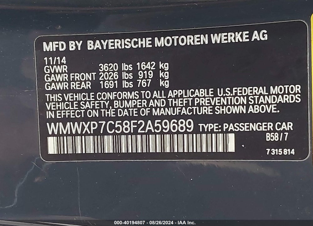 2015 MINI HARDTOP COOPER S VIN: WMWXP7C58F2A59689
