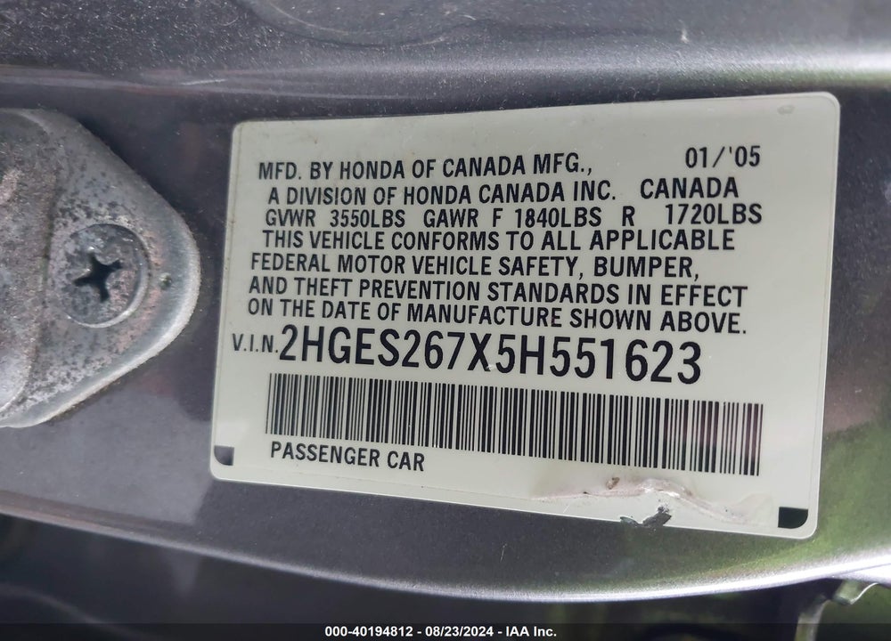 2005 HONDA CIVIC EX VIN: 2HGES267X5H551623