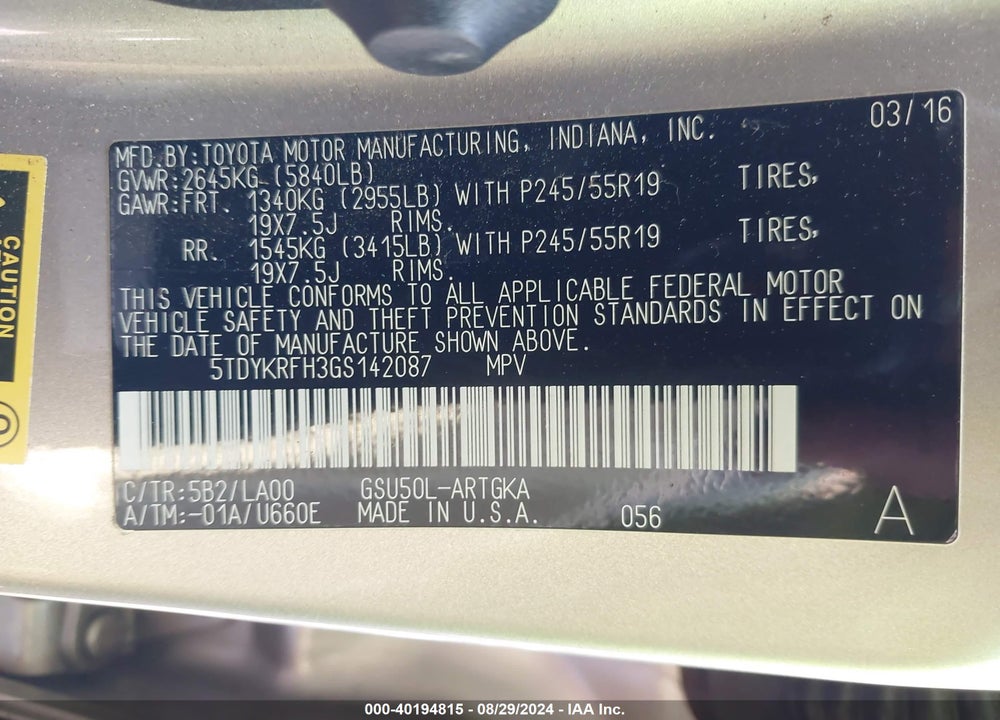 2016 TOYOTA HIGHLANDER LIMITED V6 VIN: 5TDYKRFH3GS142087