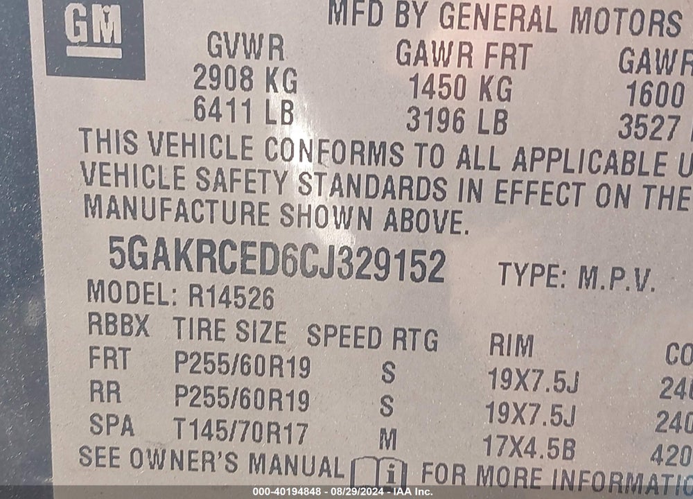 2012 BUICK ENCLAVE LEATHER VIN: 5GAKRCED6CJ329152