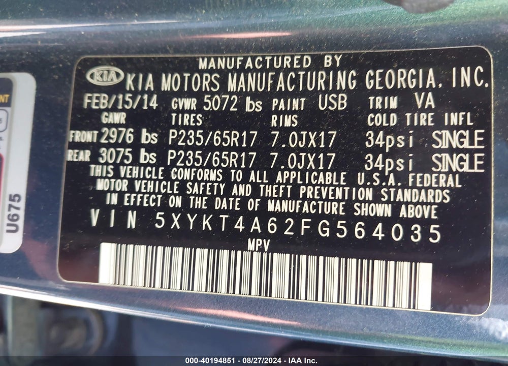 2015 KIA SORENTO LX VIN: 5XYKT4A62FG564035