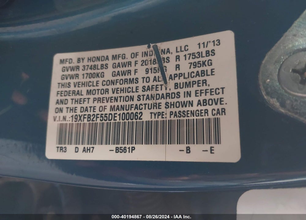 2013 HONDA CIVIC LX VIN: 19XFB2F55DE100062