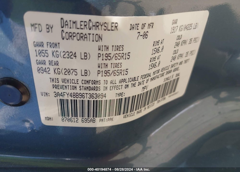 2006 CHRYSLER PT CRUISER VIN: 3A4FY48B96T363094