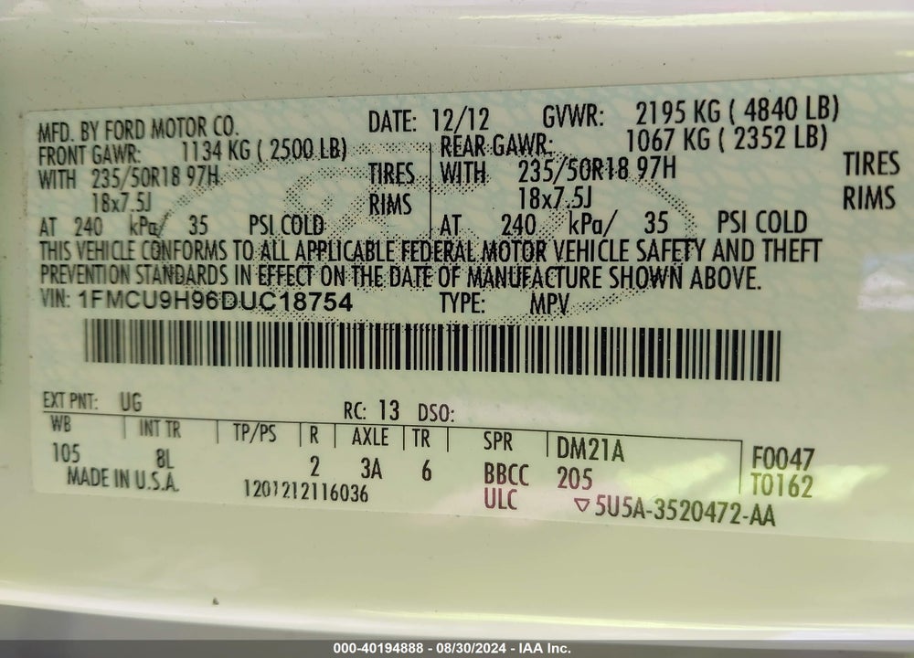 2013 FORD ESCAPE SEL VIN: 1FMCU9H96DUC18754