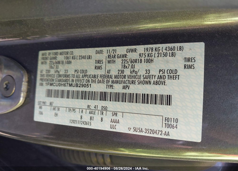 2021 FORD ESCAPE SEL VIN: 1FMCU0H67MUB29051
