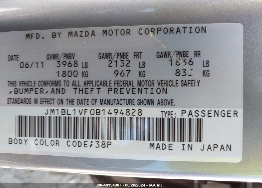 2011 MAZDA 3 I TOURING VIN: JM1BL1VF0B1494828