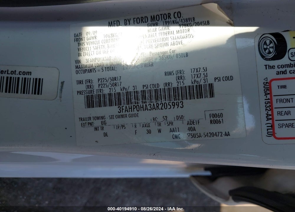 2010 FORD FUSION SE VIN: 3FAHP0HA3AR205993