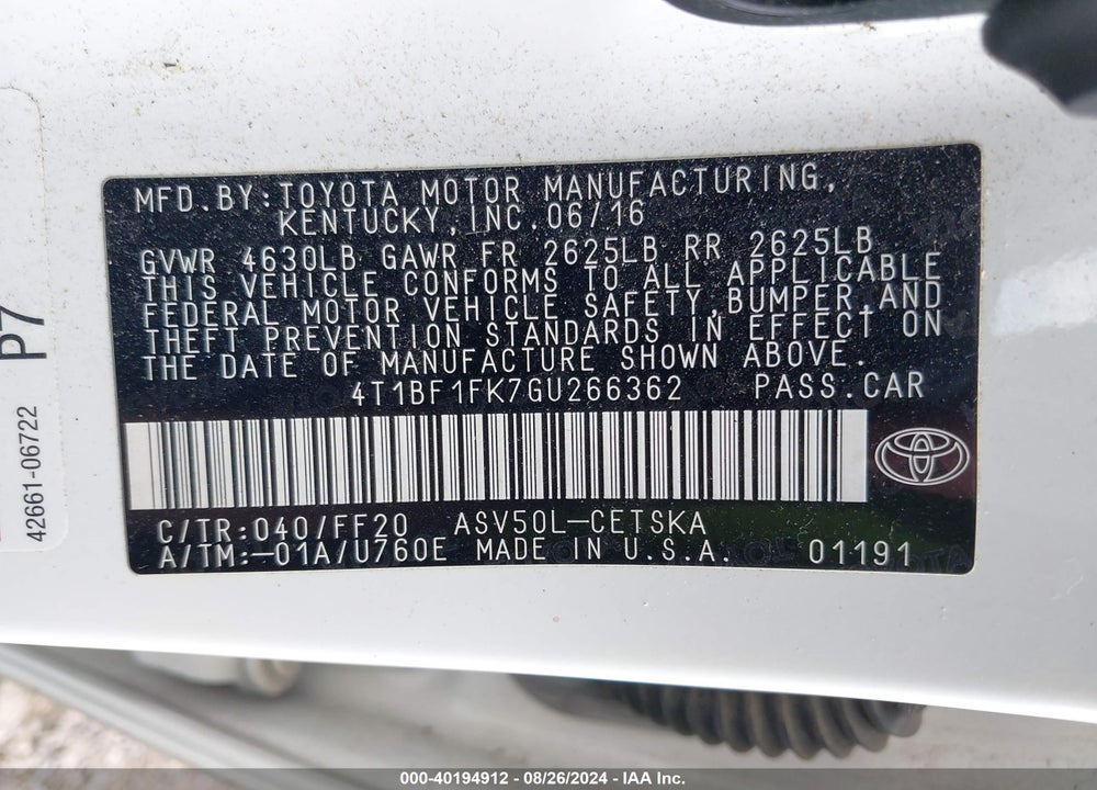 2016 TOYOTA CAMRY SE VIN: 4T1BF1FK7GU266362