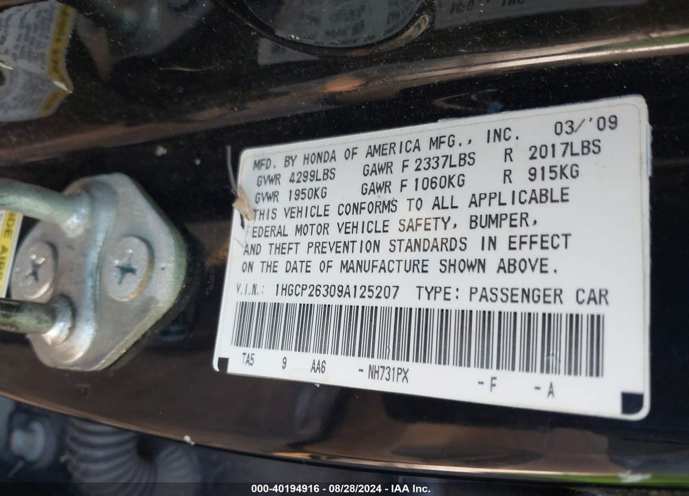 2009 HONDA ACCORD 2.4 LX VIN: 1HGCP26309A125207