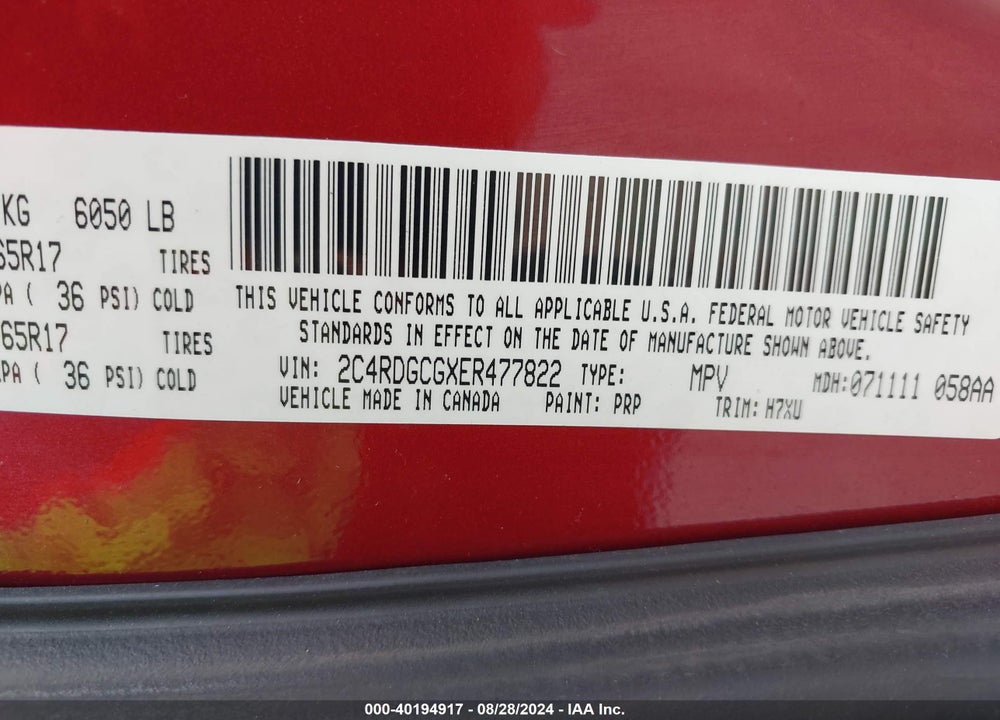 2014 DODGE GRAND CARAVAN VIN: 2C4RDGCGXER477822