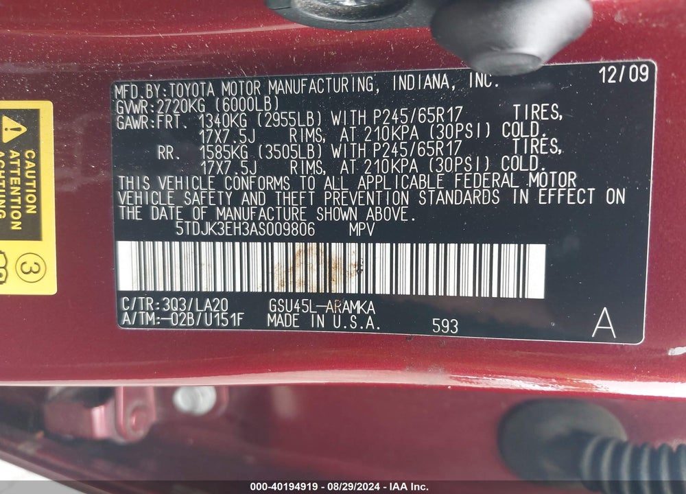2010 TOYOTA HIGHLANDER SE V6 VIN: 5TDJK3EH3AS009806