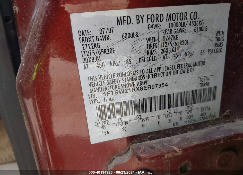 2008 FORD F-250 FX4/HARLEY-DAVIDSON/KING RANCH/LARIAT/XL/XLT VIN: 1FTSW21RX8EB97354