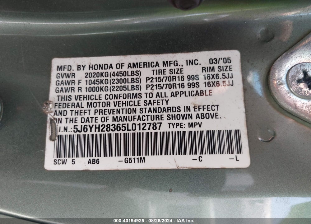 2005 HONDA ELEMENT LX VIN: 5J6YH28365L012787