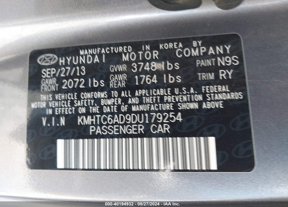 2013 HYUNDAI VELOSTER BASE W/BLACK VIN: KMHTC6AD9DU179254