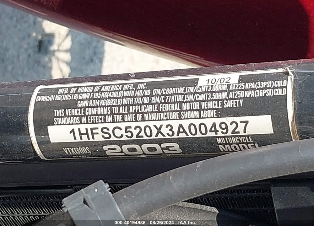 2003 HONDA VT1300 VIN: 1HFSC520X3A004927