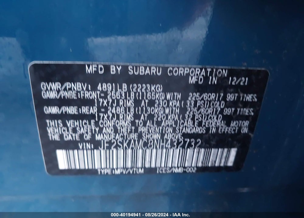 2022 SUBARU FORESTER WILDERNESS VIN: JF2SKAMC8NH432732