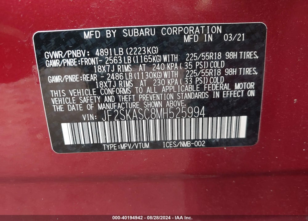 2021 SUBARU FORESTER LIMITED VIN: JF2SKASC8MH525994