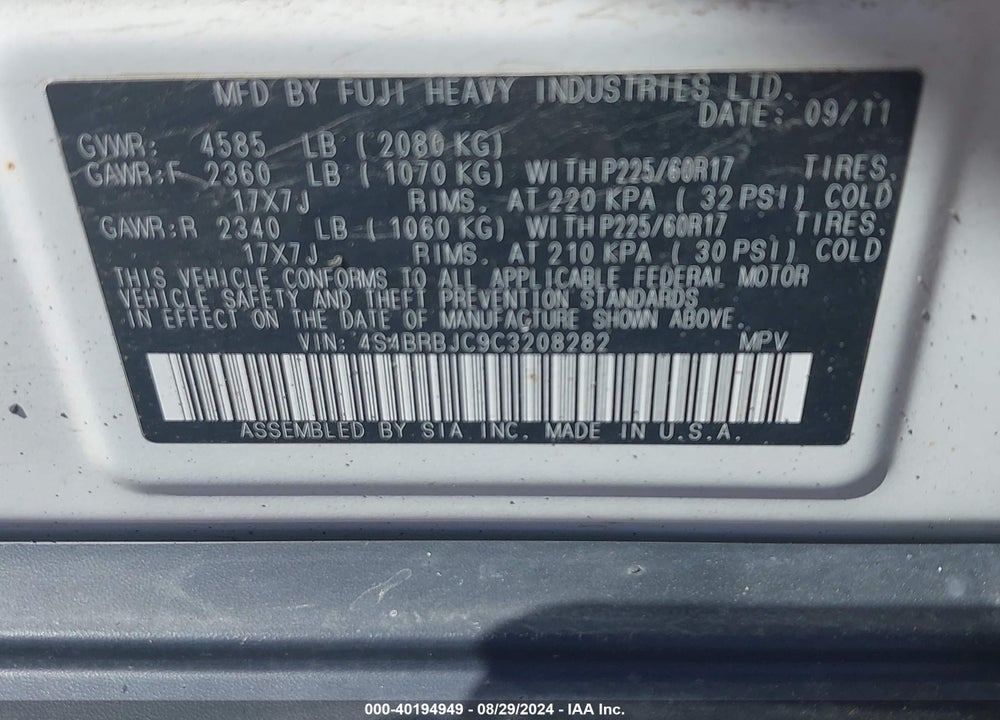 2012 SUBARU OUTBACK 2.5I LIMITED VIN: 4S4BRBJC9C3208282