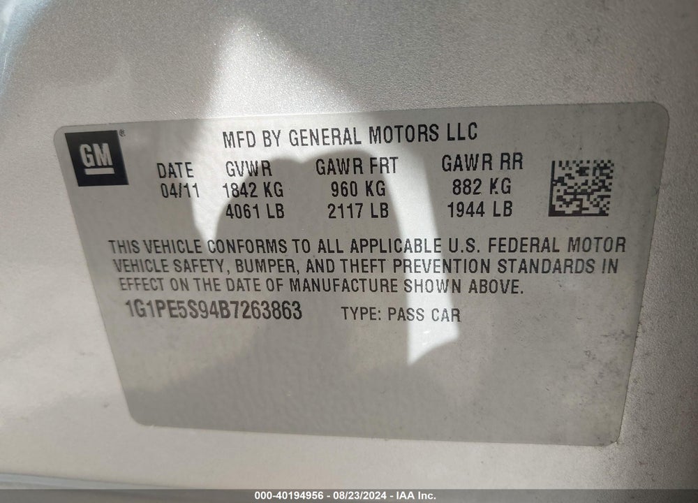 2011 CHEVROLET CRUZE LT VIN: 1G1PE5S94B7263863