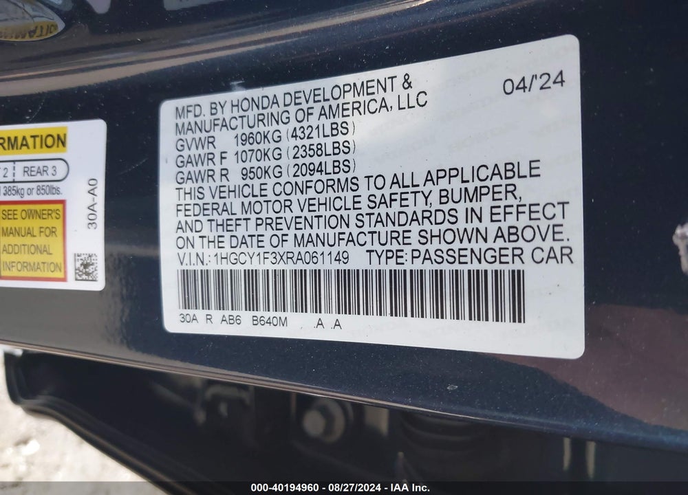 2024 HONDA ACCORD EX VIN: 1HGCY1F3XRA061149
