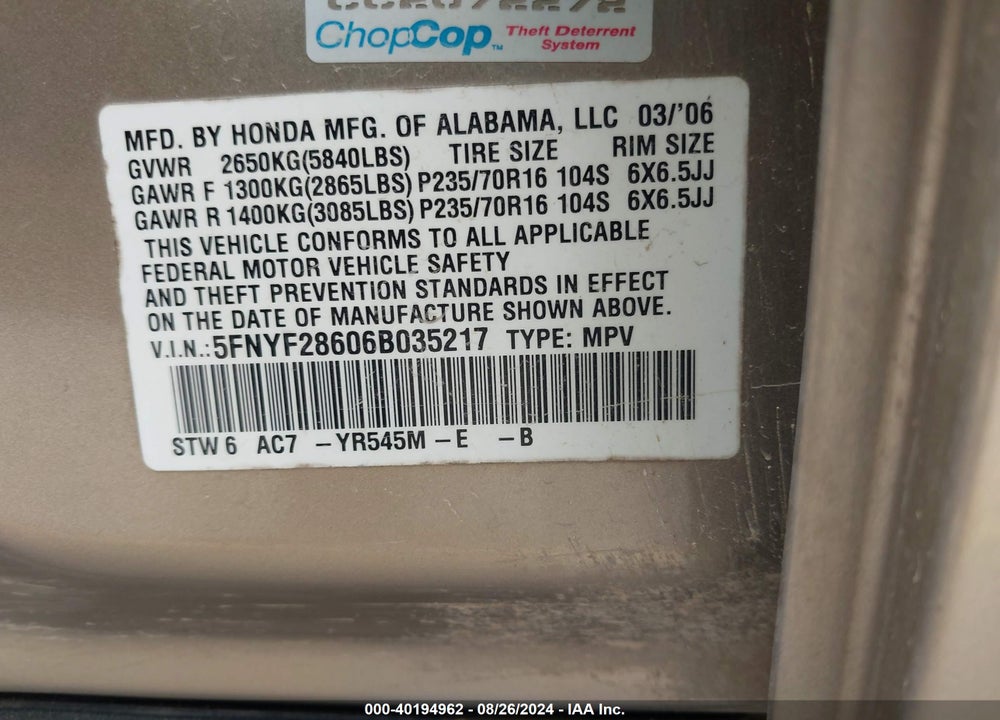2006 HONDA PILOT EX-L VIN: 5FNYF28606B035217