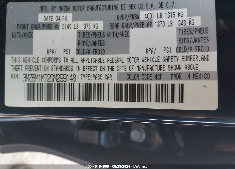 2016 MAZDA 3 I TOURING VIN: 3MZBM1M72GM299148