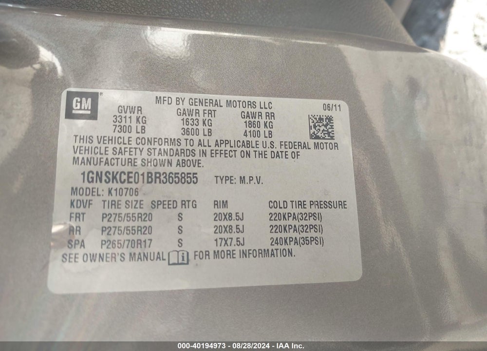 2011 CHEVROLET TAHOE LTZ VIN: 1GNSKCE01BR365855