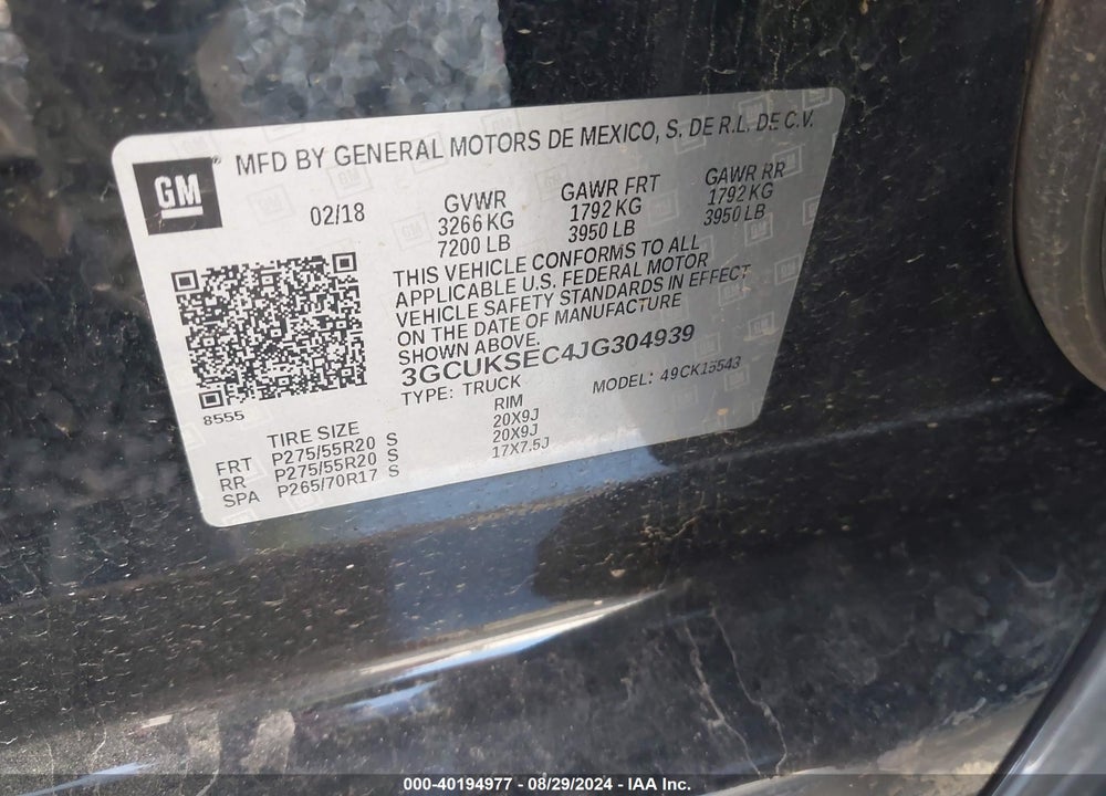 2018 CHEVROLET SILVERADO 1500 LTZ VIN: 3GCUKSEC4JG304939