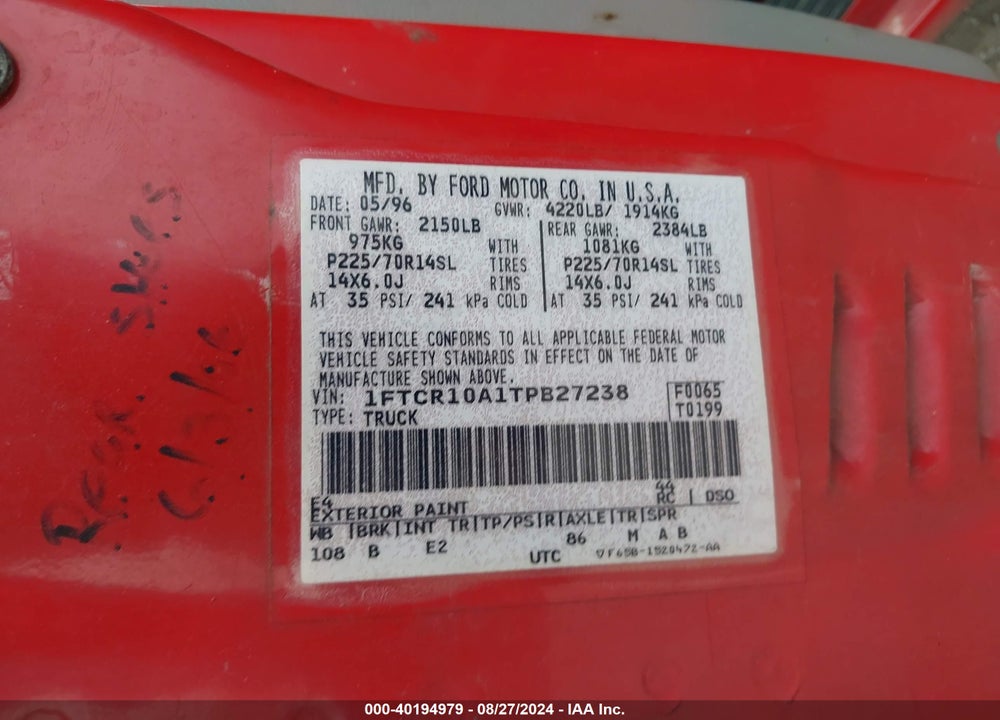 1996 FORD RANGER VIN: 1FTCR10A1TPB27238