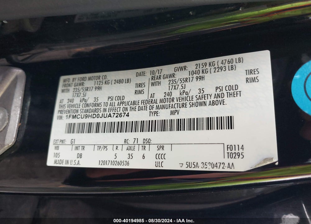 2018 FORD ESCAPE SEL VIN: 1FMCU9HD0JUA72674