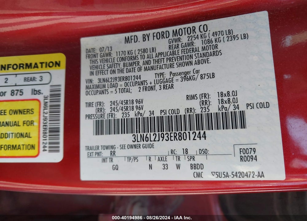 2014 LINCOLN MKZ VIN: 3LN6L2J93ER801244