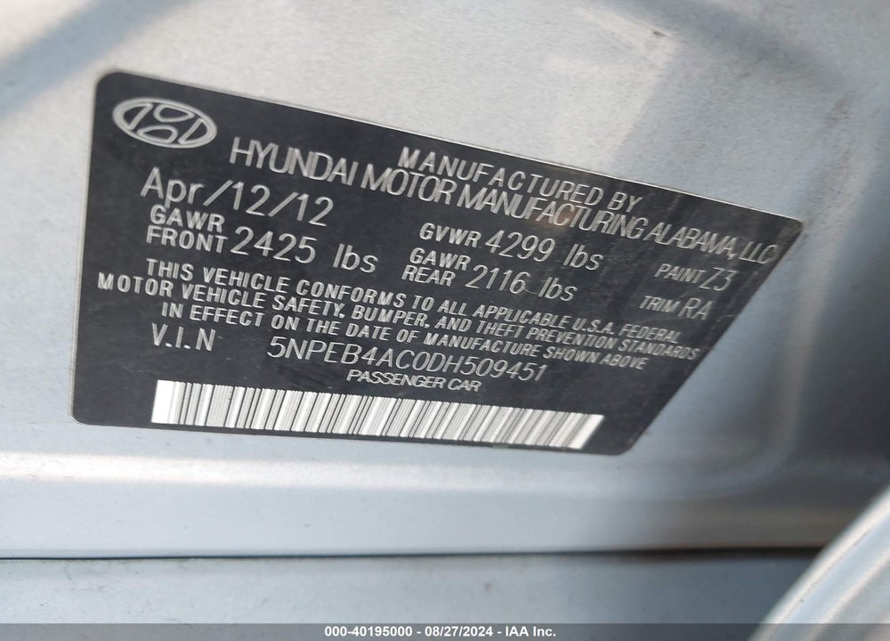 2013 HYUNDAI SONATA GLS VIN: 5NPEB4AC0DH509451