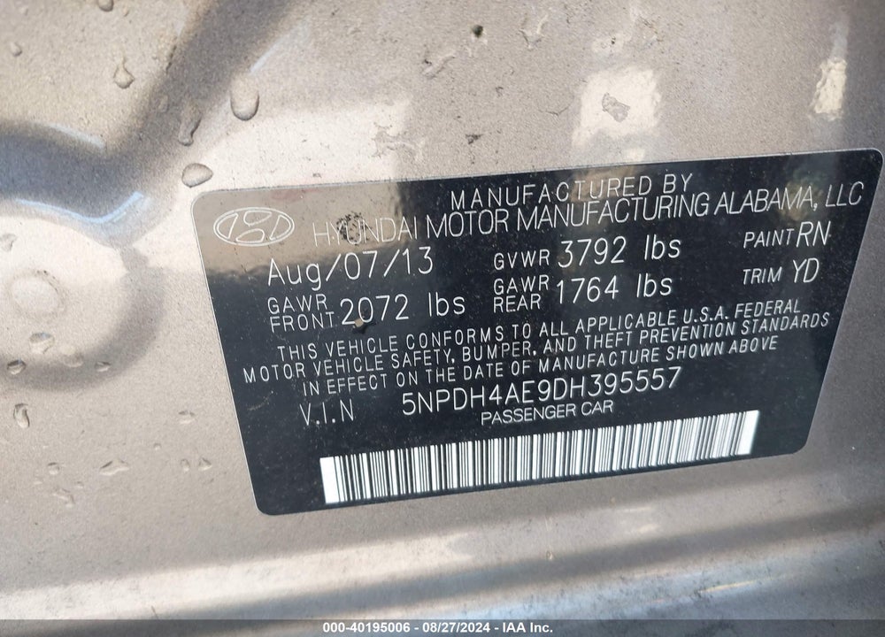 2013 HYUNDAI ELANTRA GLS VIN: 5NPDH4AE9DH395557