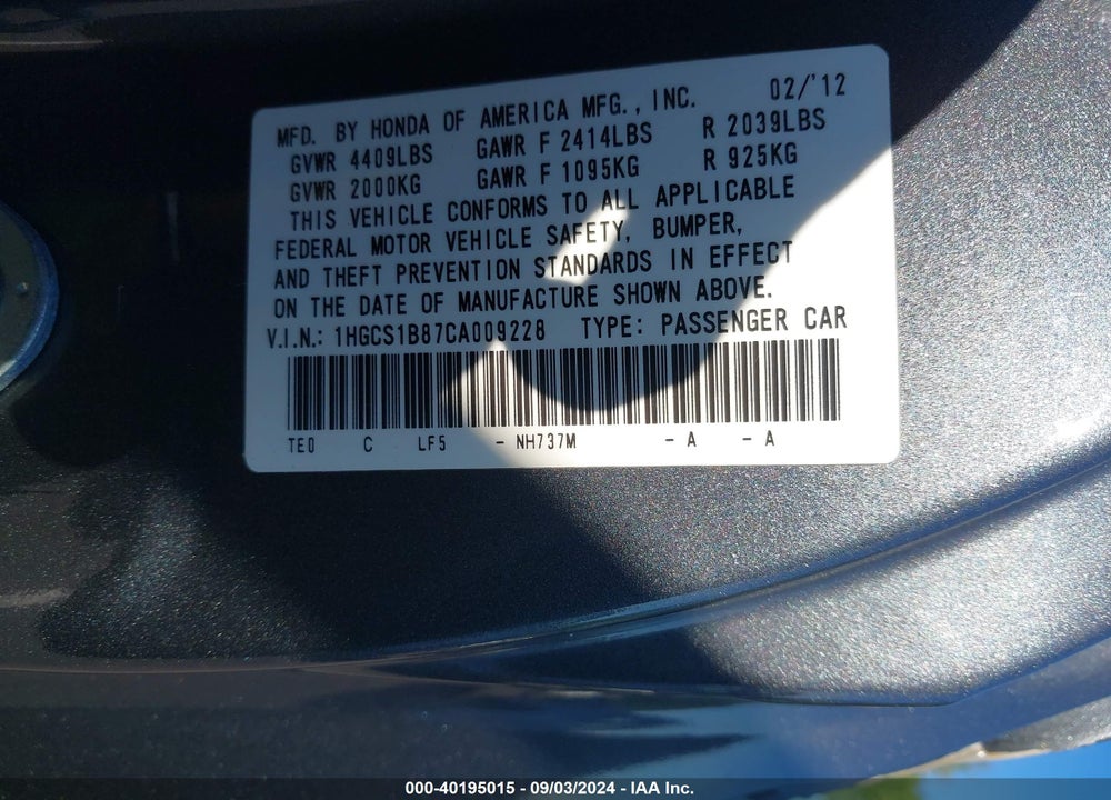 2012 HONDA ACCORD 2.4 EX-L VIN: 1HGCS1B87CA009228