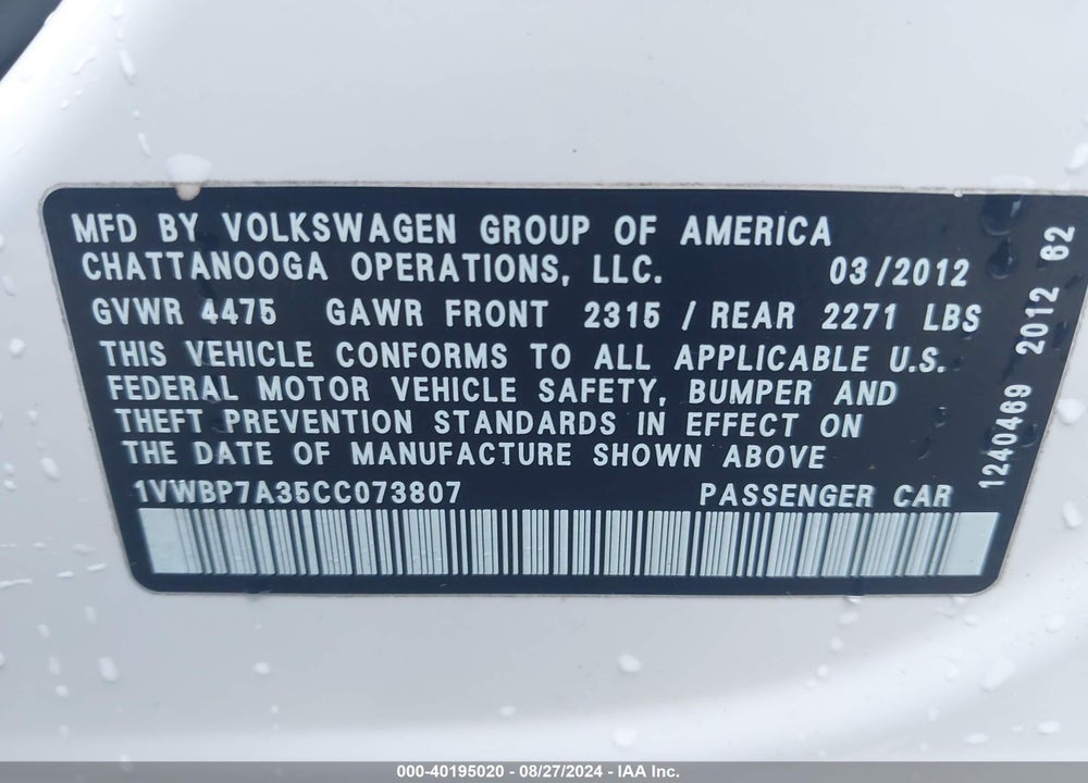 2012 VOLKSWAGEN PASSAT 2.5L SE VIN: 1VWBP7A35CC073807