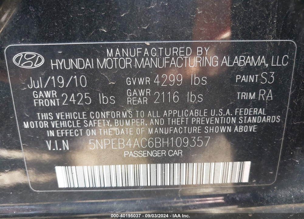 2011 HYUNDAI SONATA GLS VIN: 5NPEB4AC6BH109357