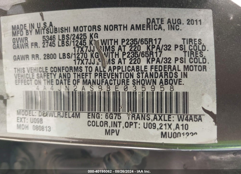 2011 MITSUBISHI ENDEAVOR VIN: 4A4JN2AS9BE035958
